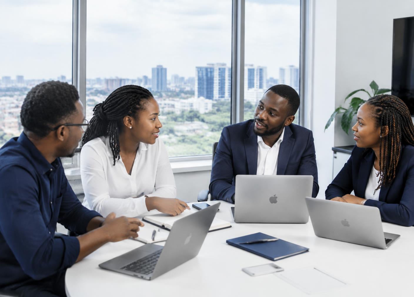 A team discussing a project around a meeting table with laptops