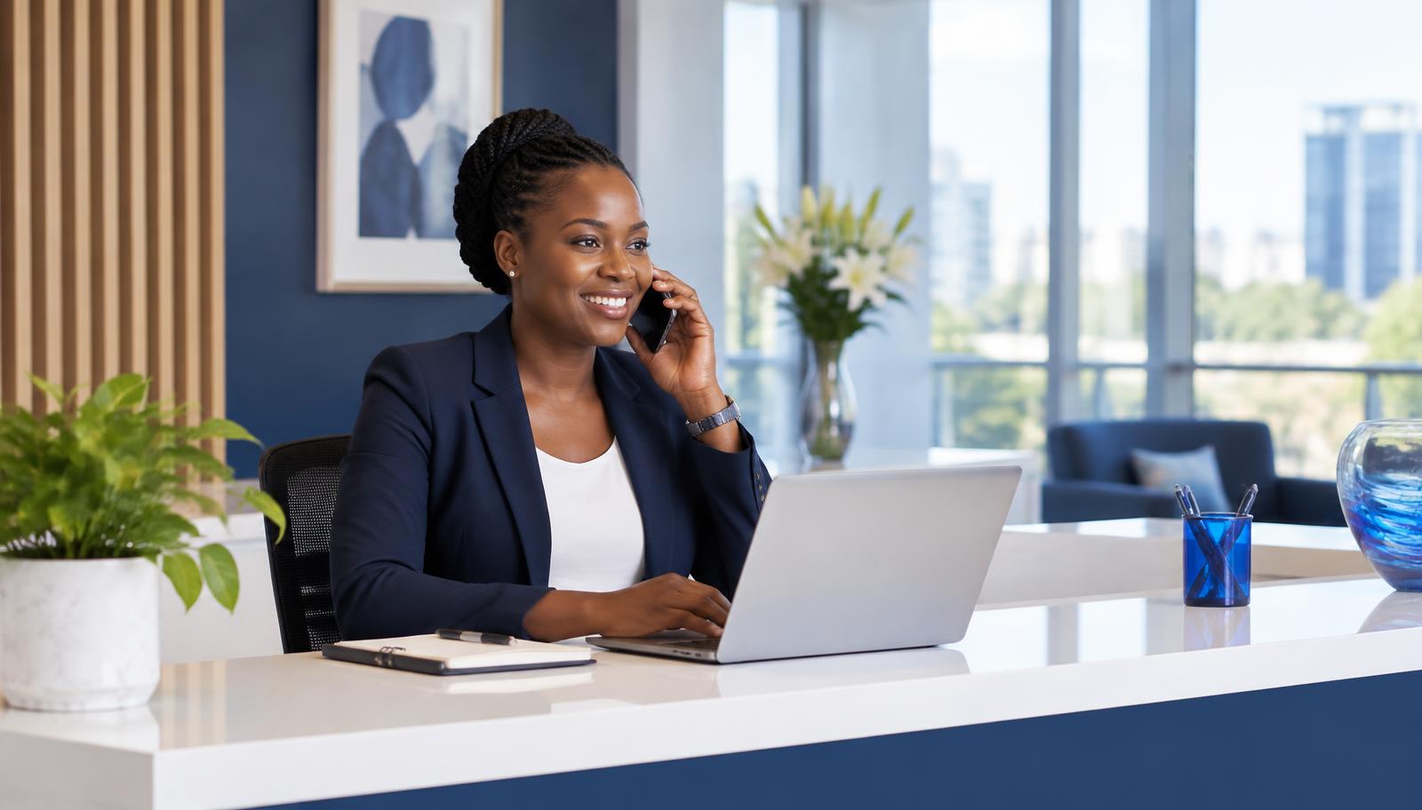 Smiling team member answering a phone call at an office front desk