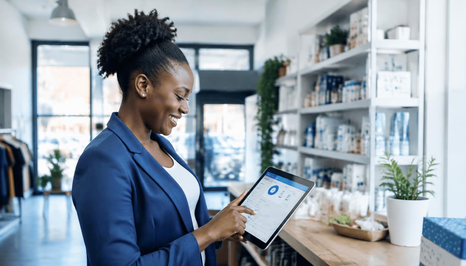 Shop owner checking a sales dashboard on a tablet in her store