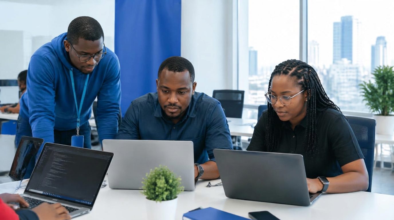 Developers reviewing code together on laptops in a bright office
