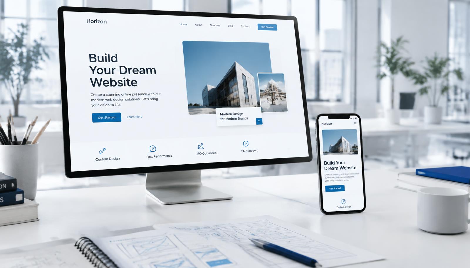 A business website displayed on a desktop monitor and a smartphone