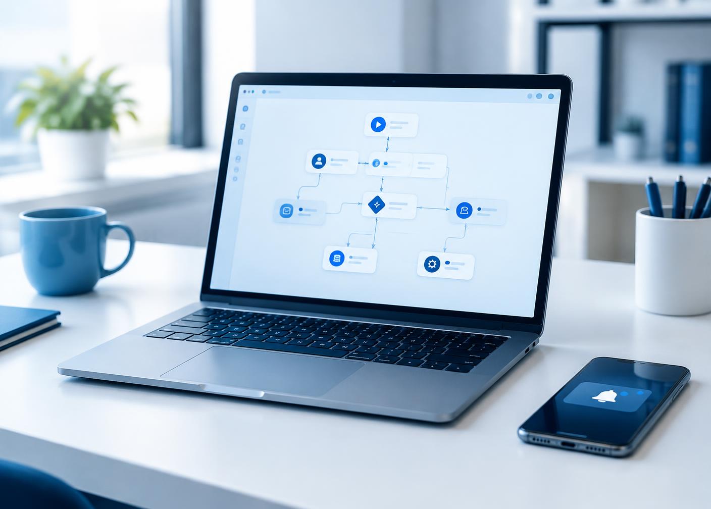 Laptop showing an automated workflow diagram, with a notification on a phone