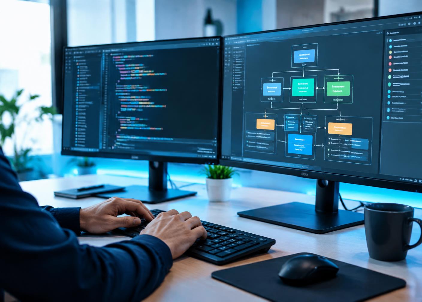 Developer writing code beside a system architecture diagram on two monitors