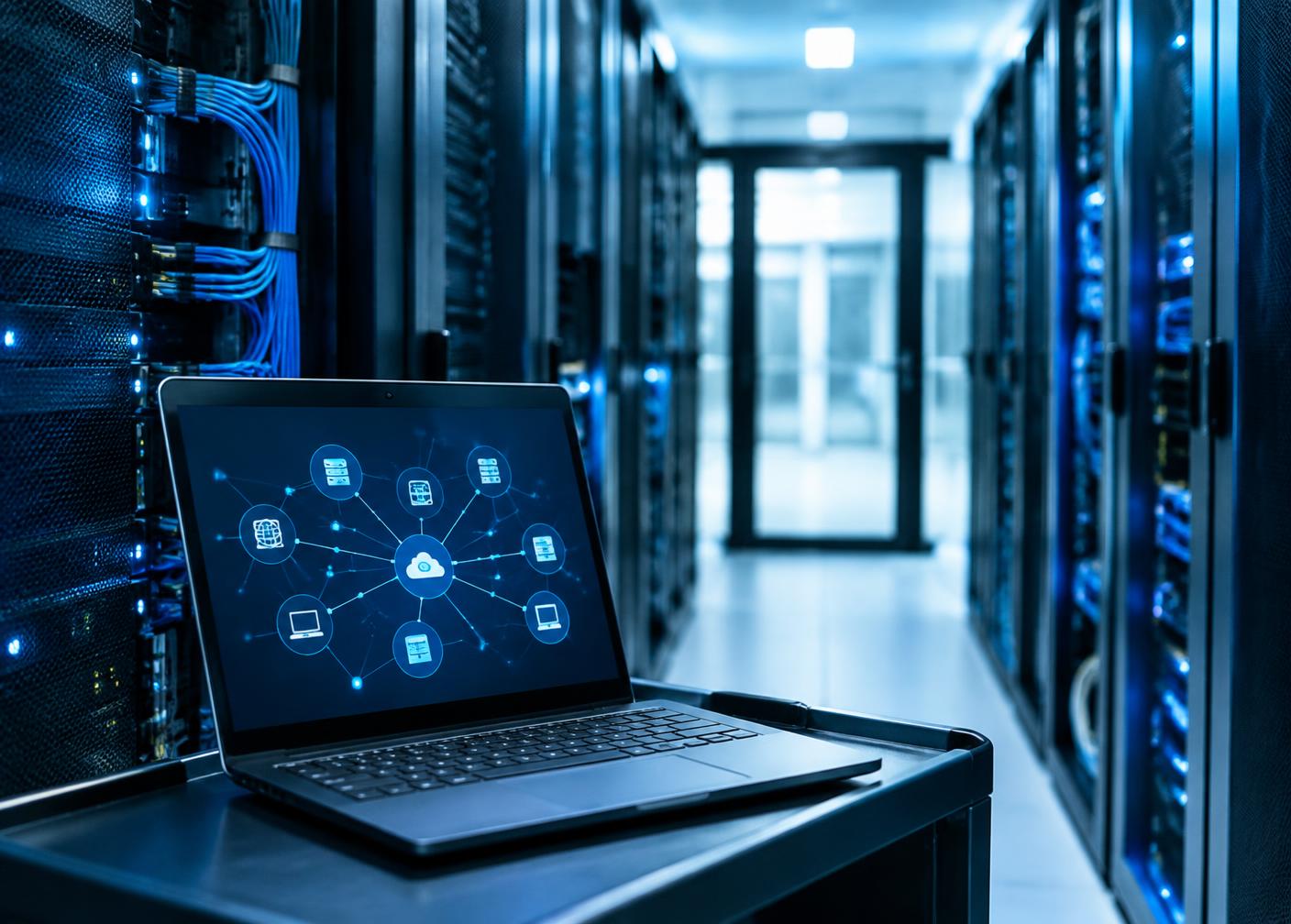 Laptop showing connected systems in front of server racks
