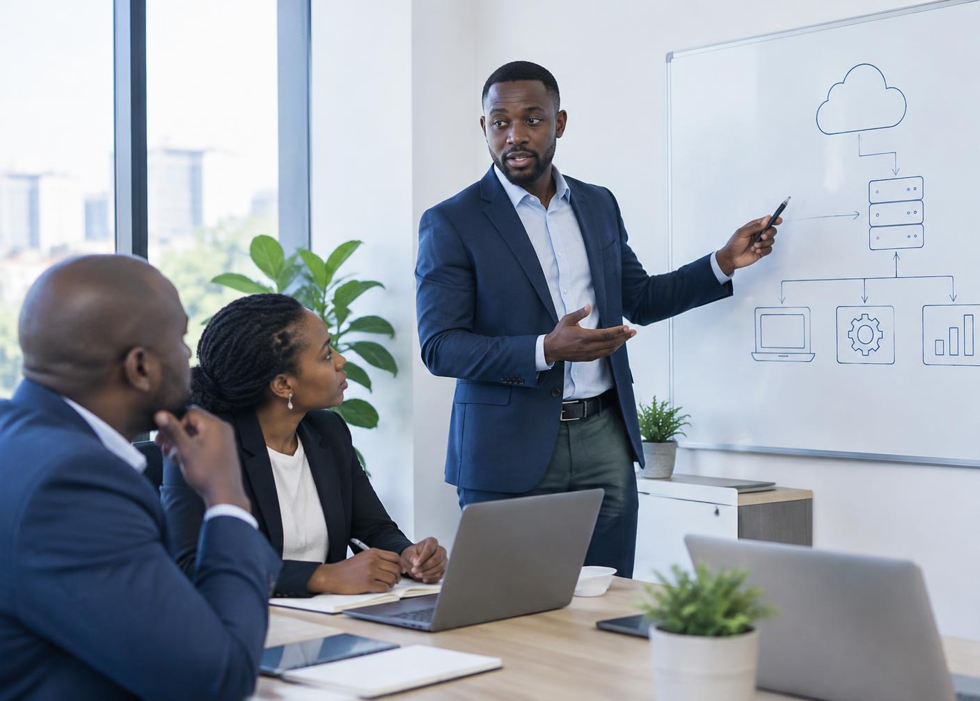 Consultant explaining a technology plan on a whiteboard to two business owners