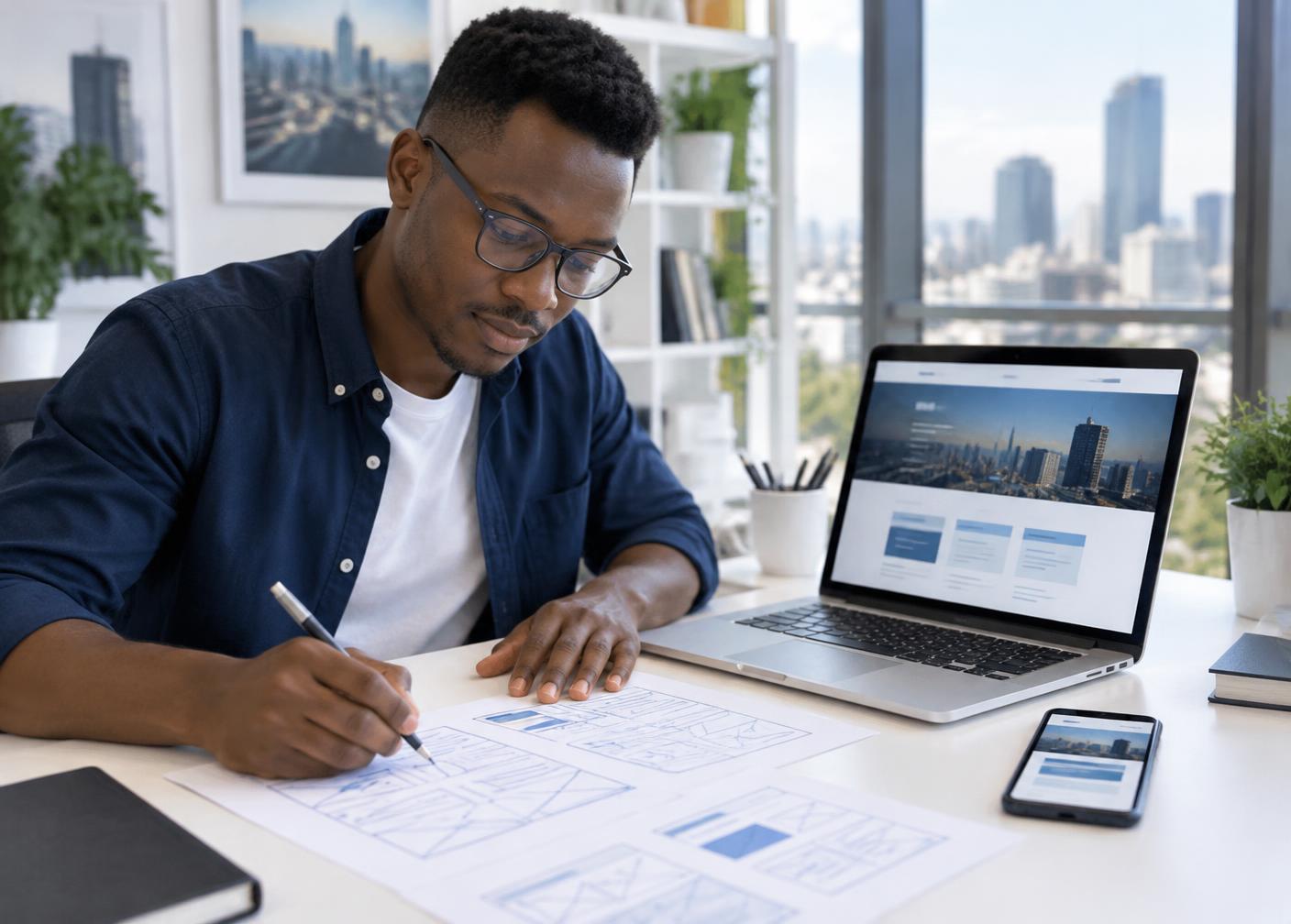 Web designer sketching page wireframes next to a laptop and phone showing a website