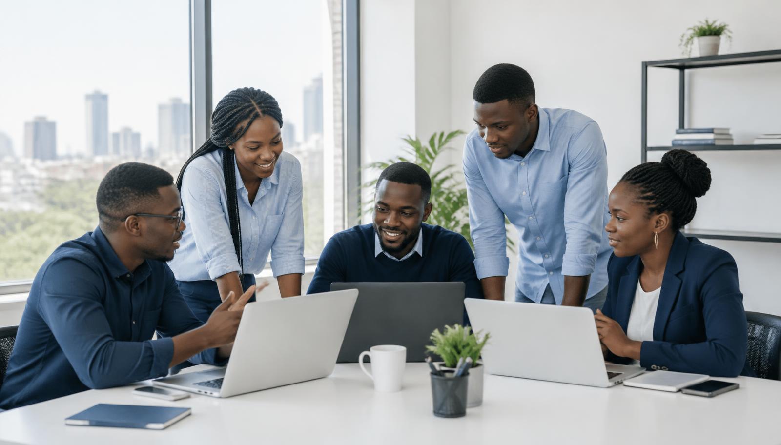 A small technology team collaborating around laptops in an office